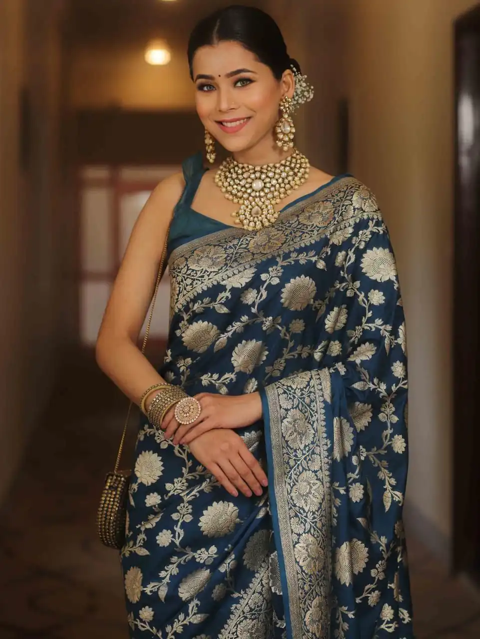 Navy Blue Soft Lichi Silk All Over Work Saree - Image 2