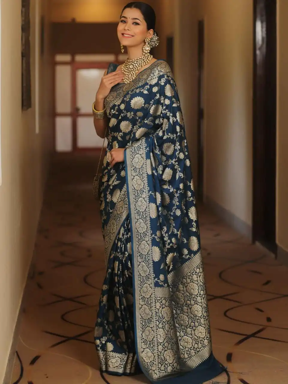 Navy Blue Soft Lichi Silk All Over Work Saree - Image 3