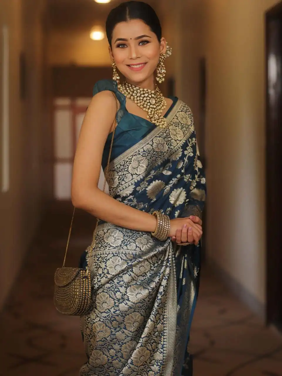 Navy Blue Soft Lichi Silk All Over Work Saree - Image 4