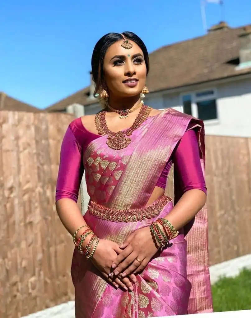 Pink Soft Lichi Silk Rich Pallu Lace Work Border Saree