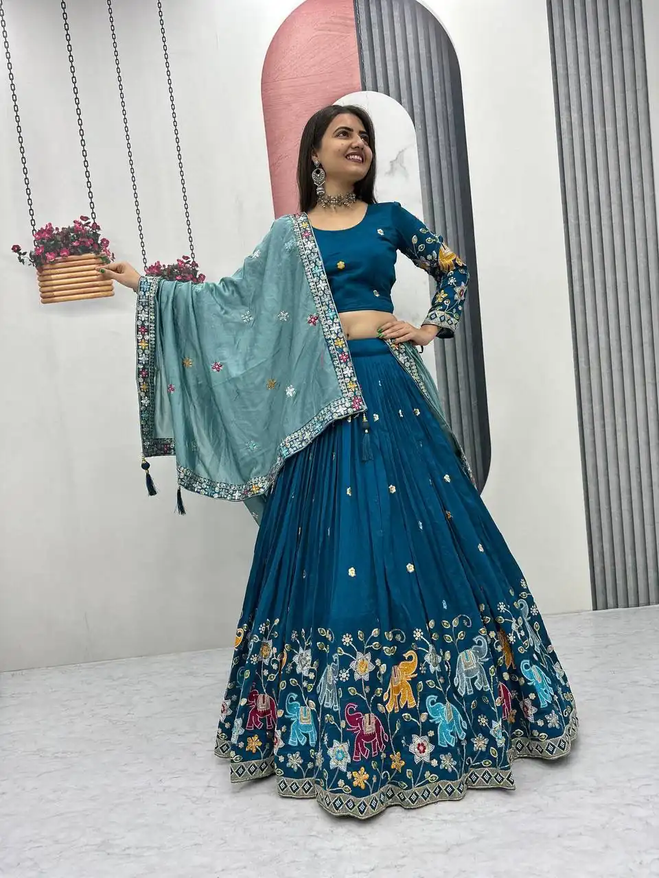 Peacock Blue Vichitra Silk Lace Border Work Lehenga Choli - Image 3