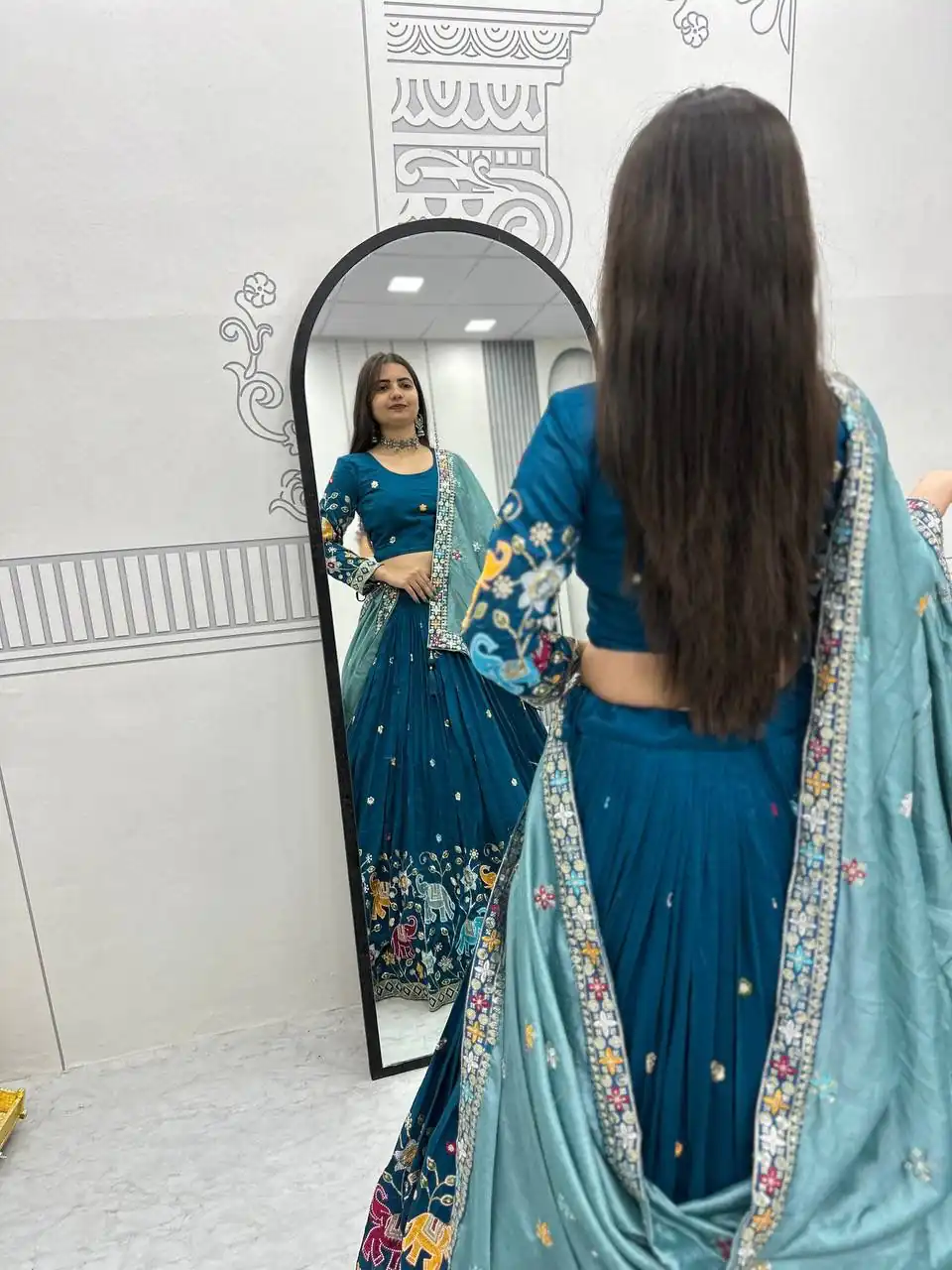 Peacock Blue Vichitra Silk Lace Border Work Lehenga Choli - Image 4