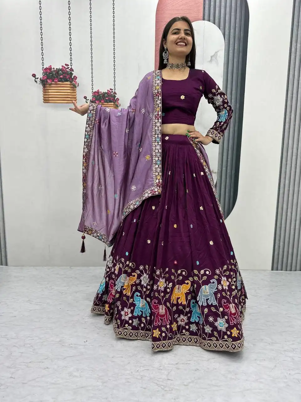 Wine Vichitra Silk Lace Border Work Lehenga Choli - Image 4