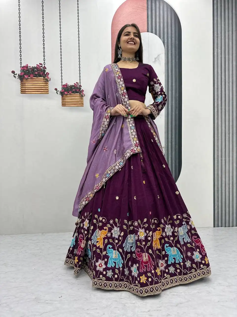 Wine Vichitra Silk Lace Border Work Lehenga Choli - Image 6