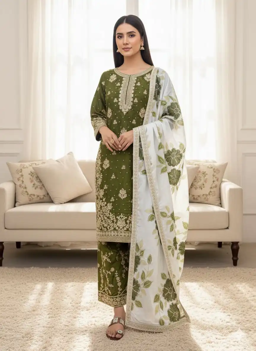 Mahendi Organza Silk Lace Embroidery Work Salwar Suit - Image 2