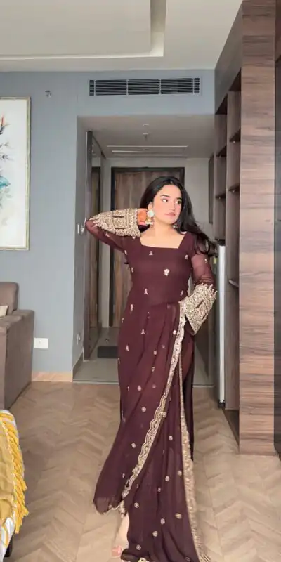 Brown Georgette Embroidery Work Salwar Suit