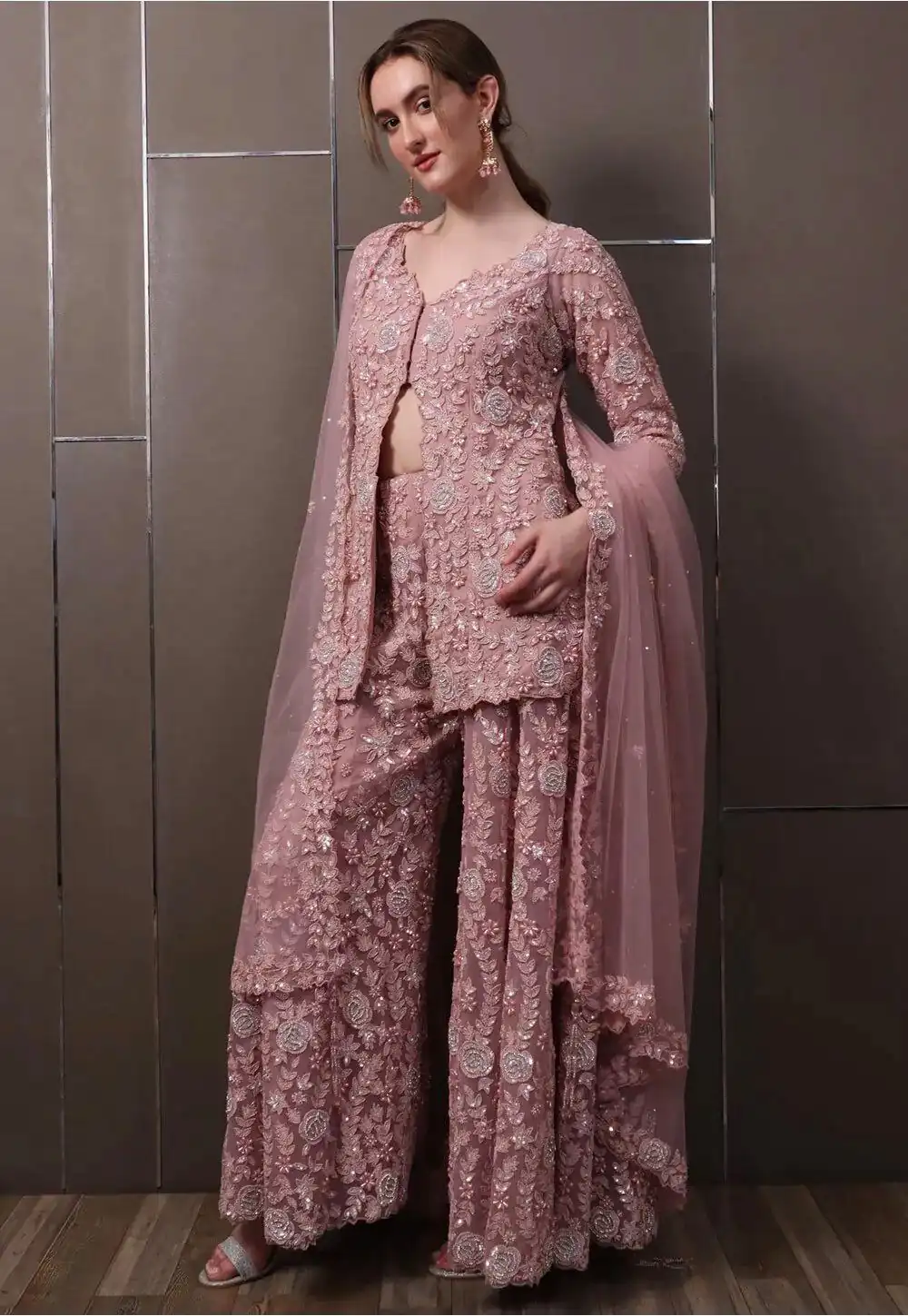 Light Pink Faux Georgette Lace Work Salwar Suit