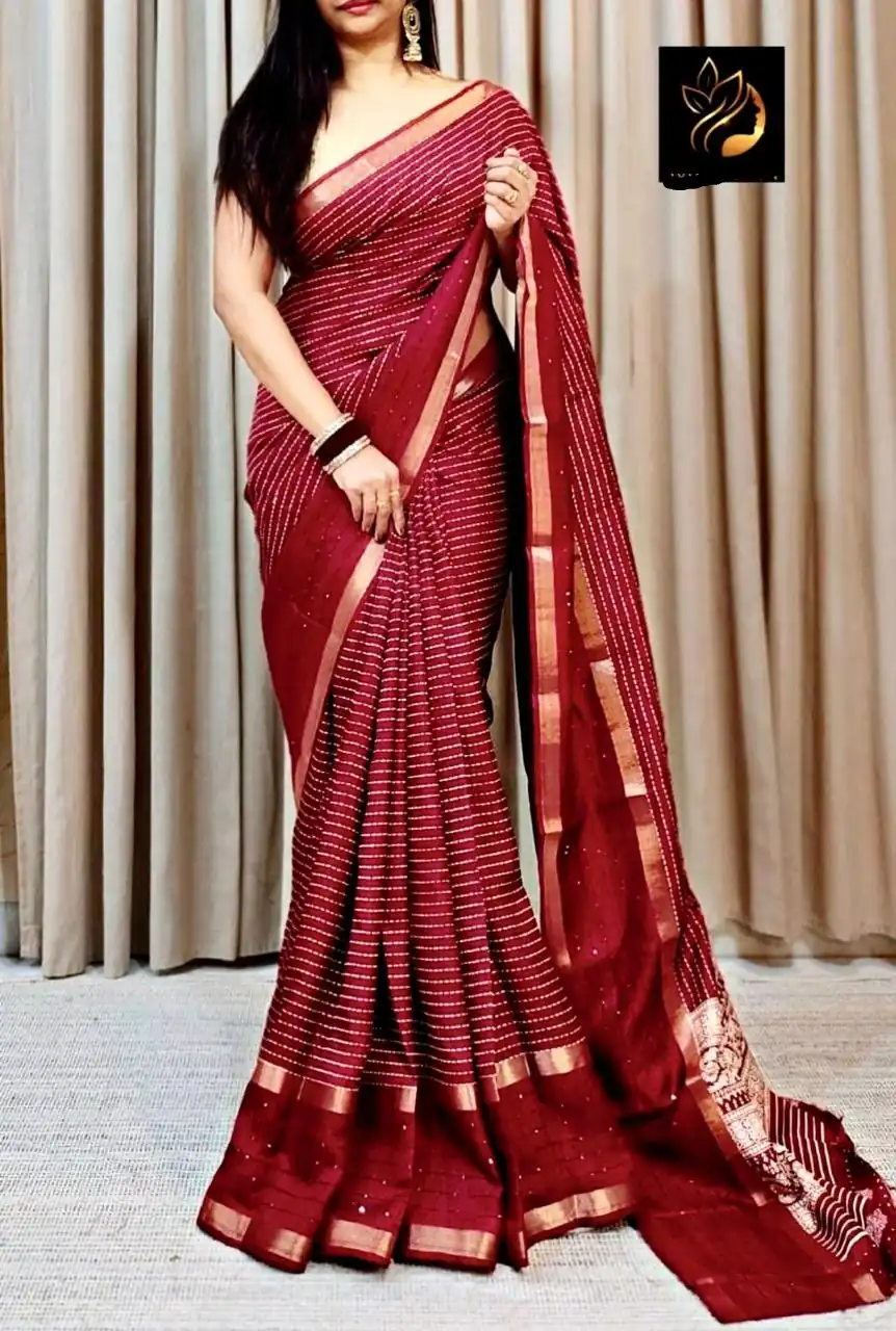 Red Dola Silk Lace Border Sequins Work Saree