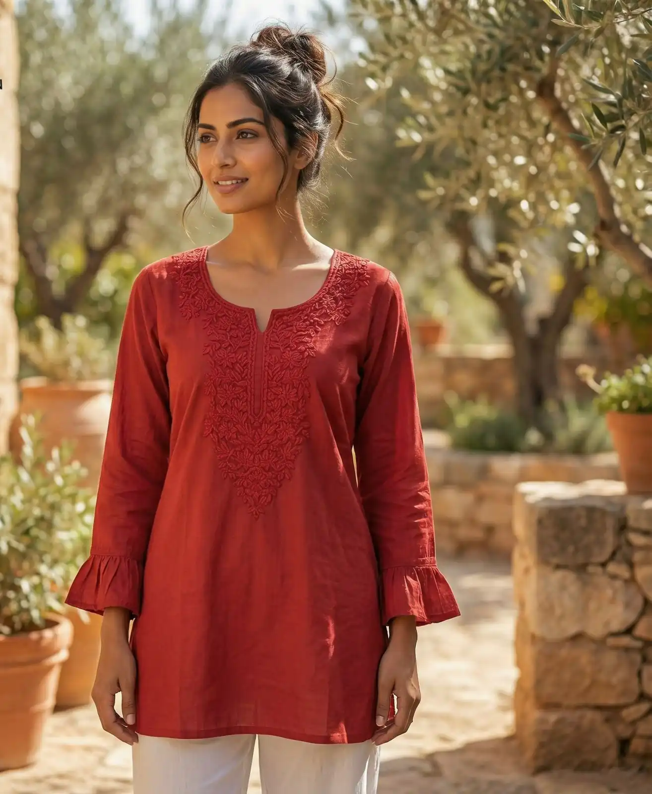 Red Rayon Chikan Work Kurti