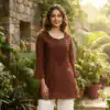Brown Rayon Chikan Work Kurti