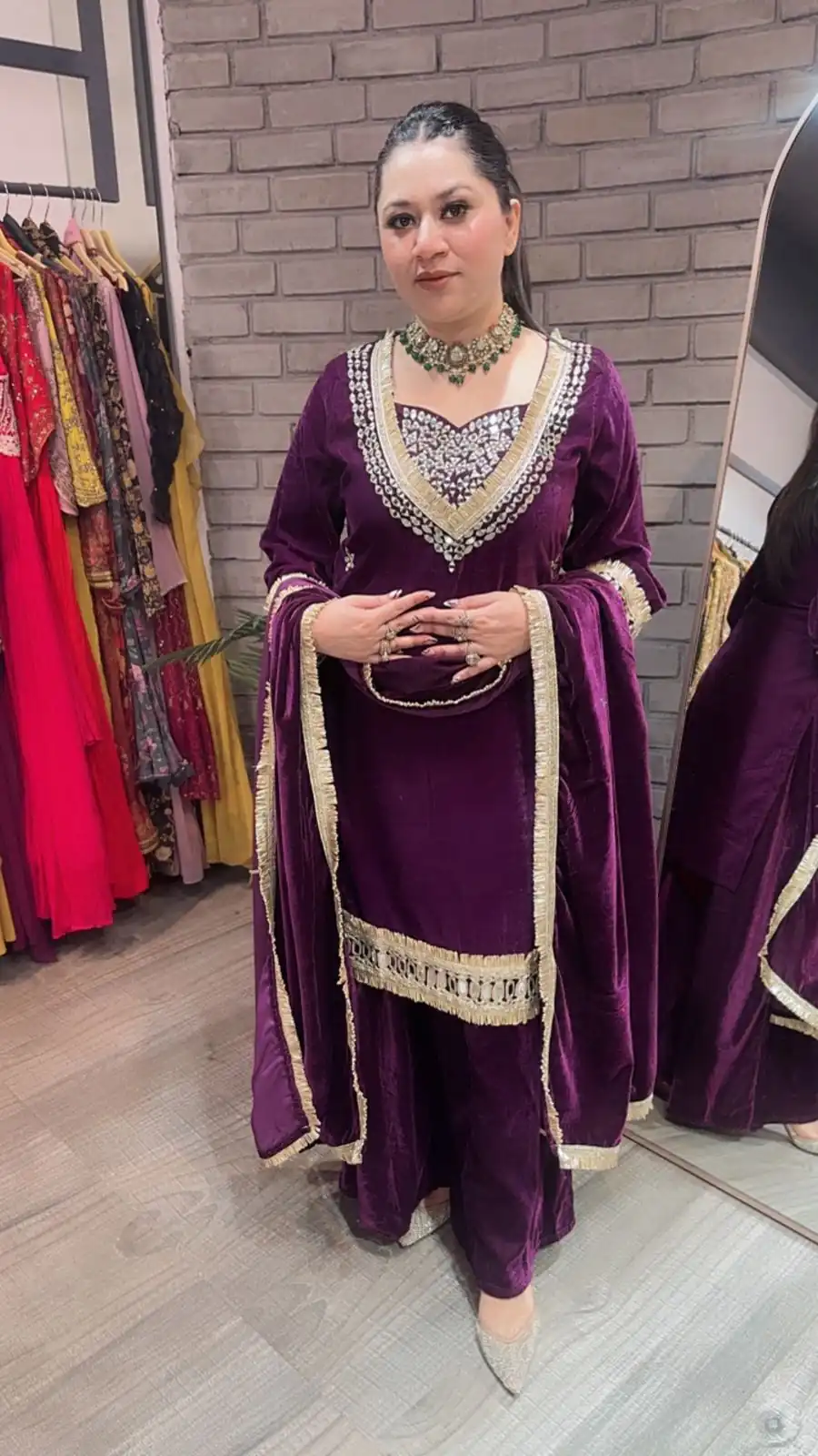 Purple Velvet Mirror Embroidery Work Salwar Suit