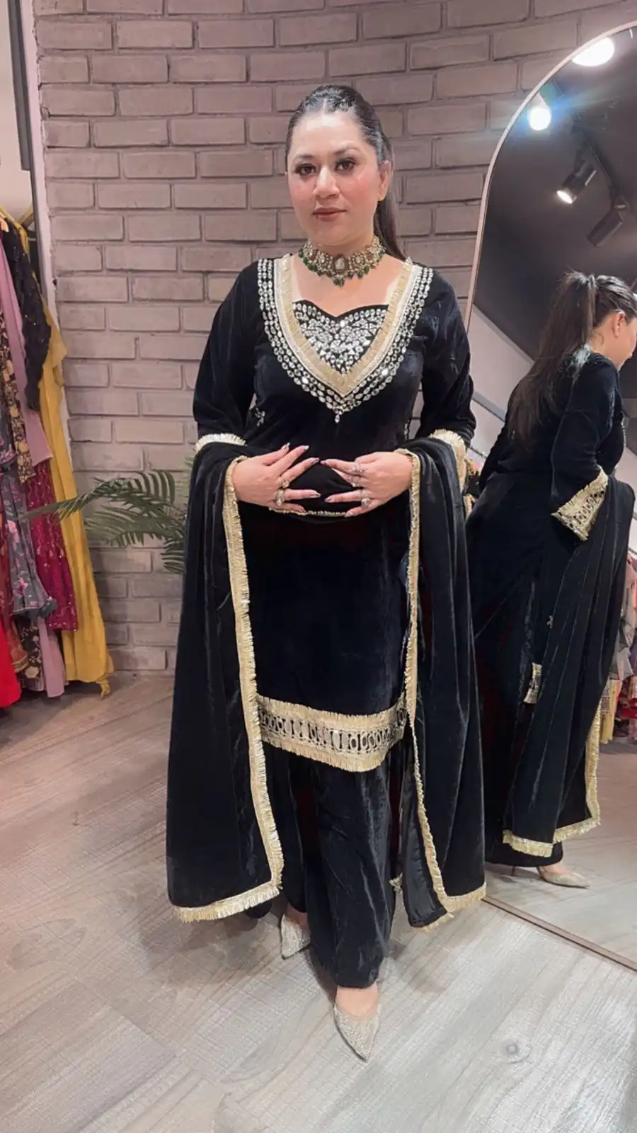 Black Velvet Mirror Embroidery Work Salwar Suit
