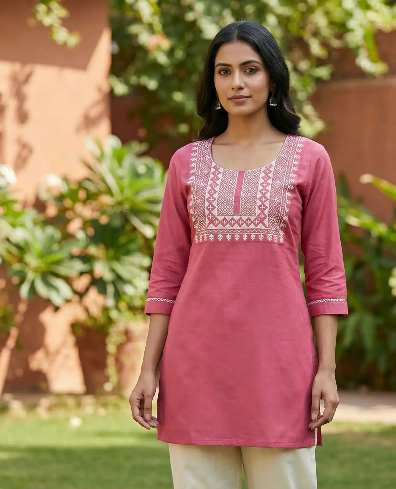 Peach Rayon Thread Work Kurti