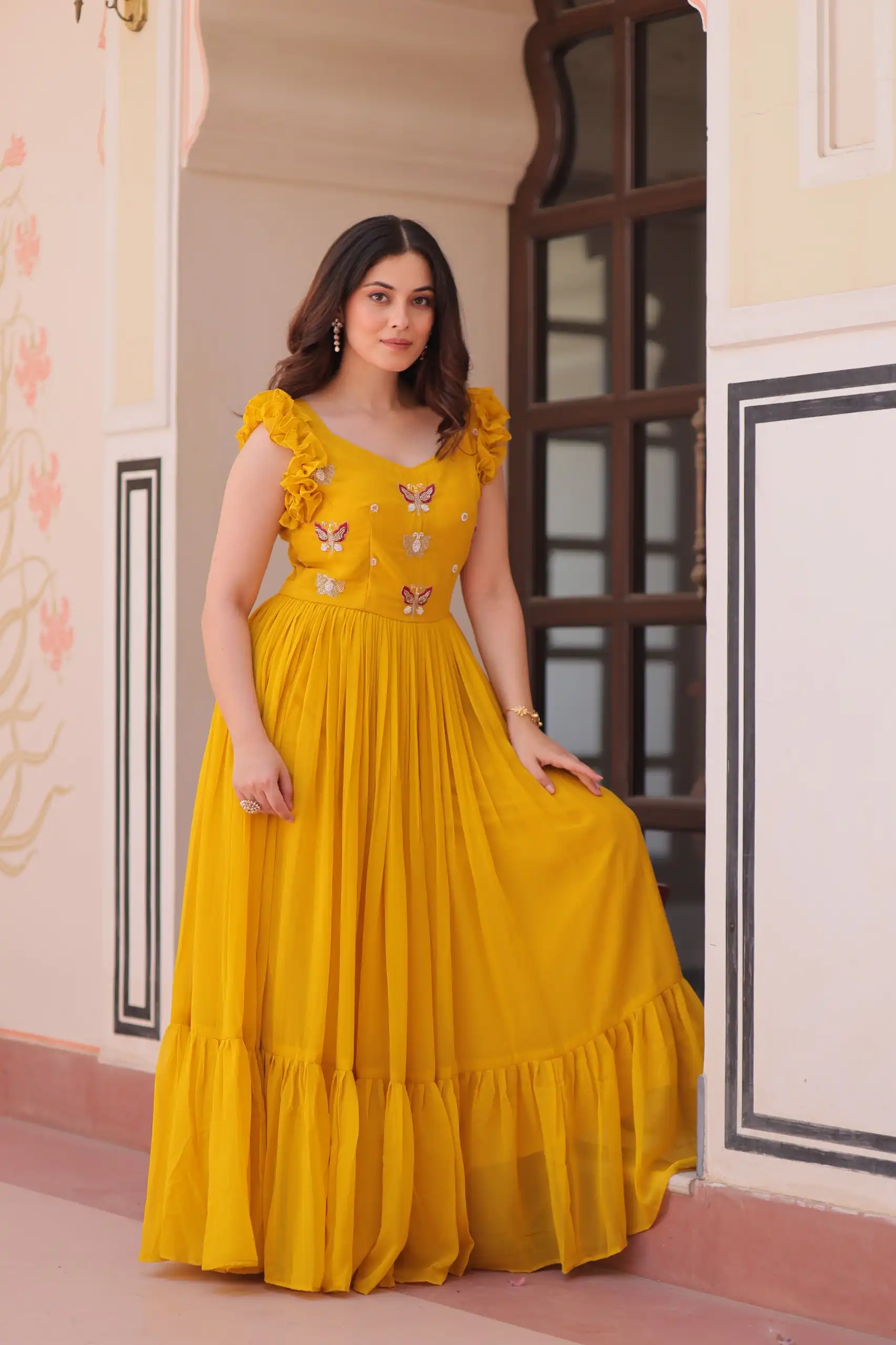Yellow Faux Blooming Sequins Work Gown - Image 5