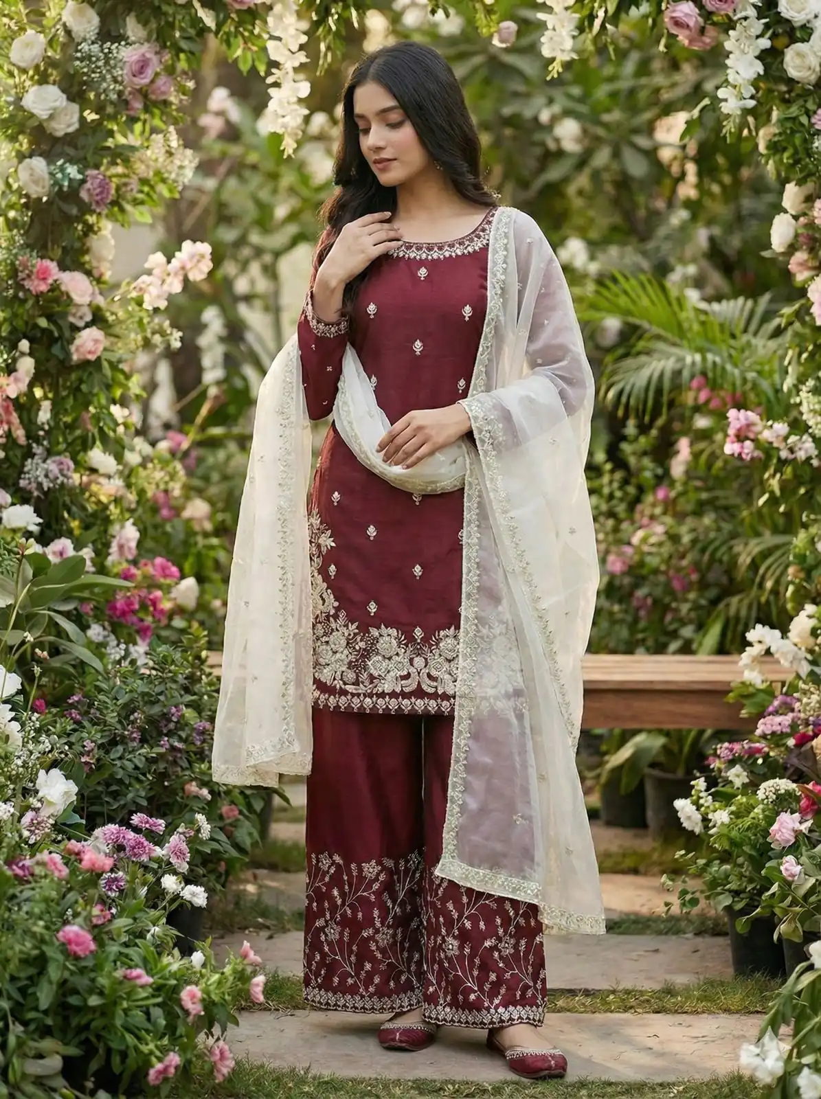 Maroon Organza Silk Lace Embroidery Work Salwar Suit - Image 2