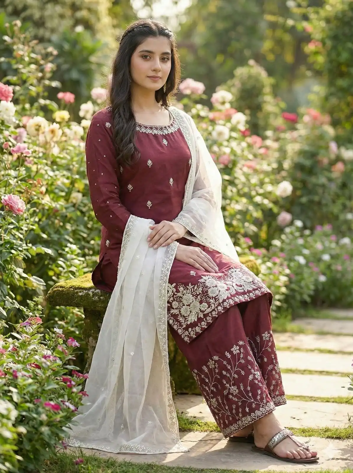 Maroon Organza Silk Lace Embroidery Work Salwar Suit - Image 4