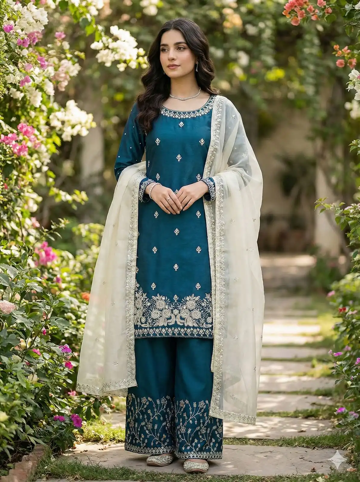 Teal Organza Silk Lace Embroidery Work Salwar Suit - Image 2