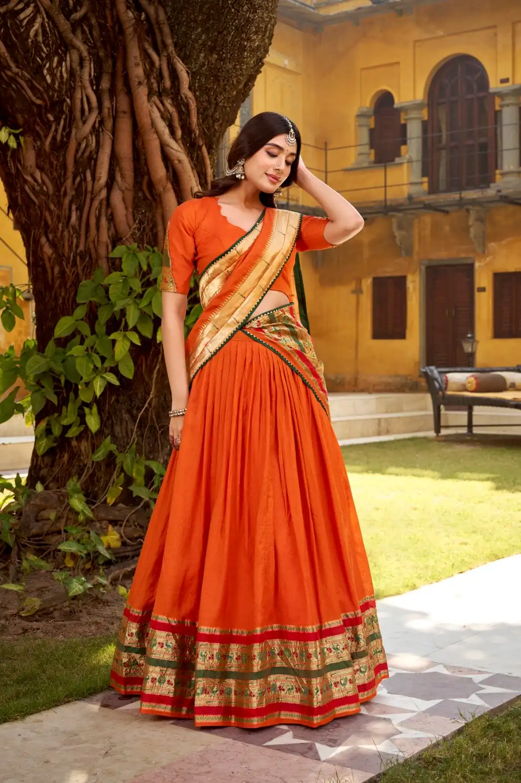 Orange Pure Chanderi Zari Weaving Work Lehenga Choli