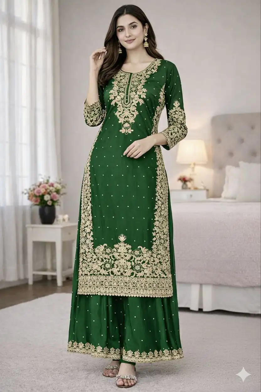 Green Organza Silk Embroidery Work Salwar Suit - Image 2