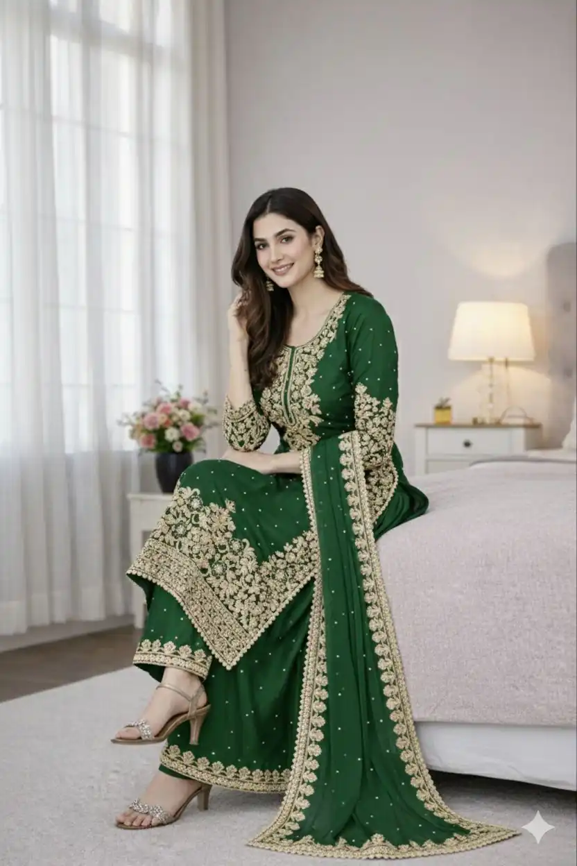 Green Organza Silk Embroidery Work Salwar Suit - Image 3