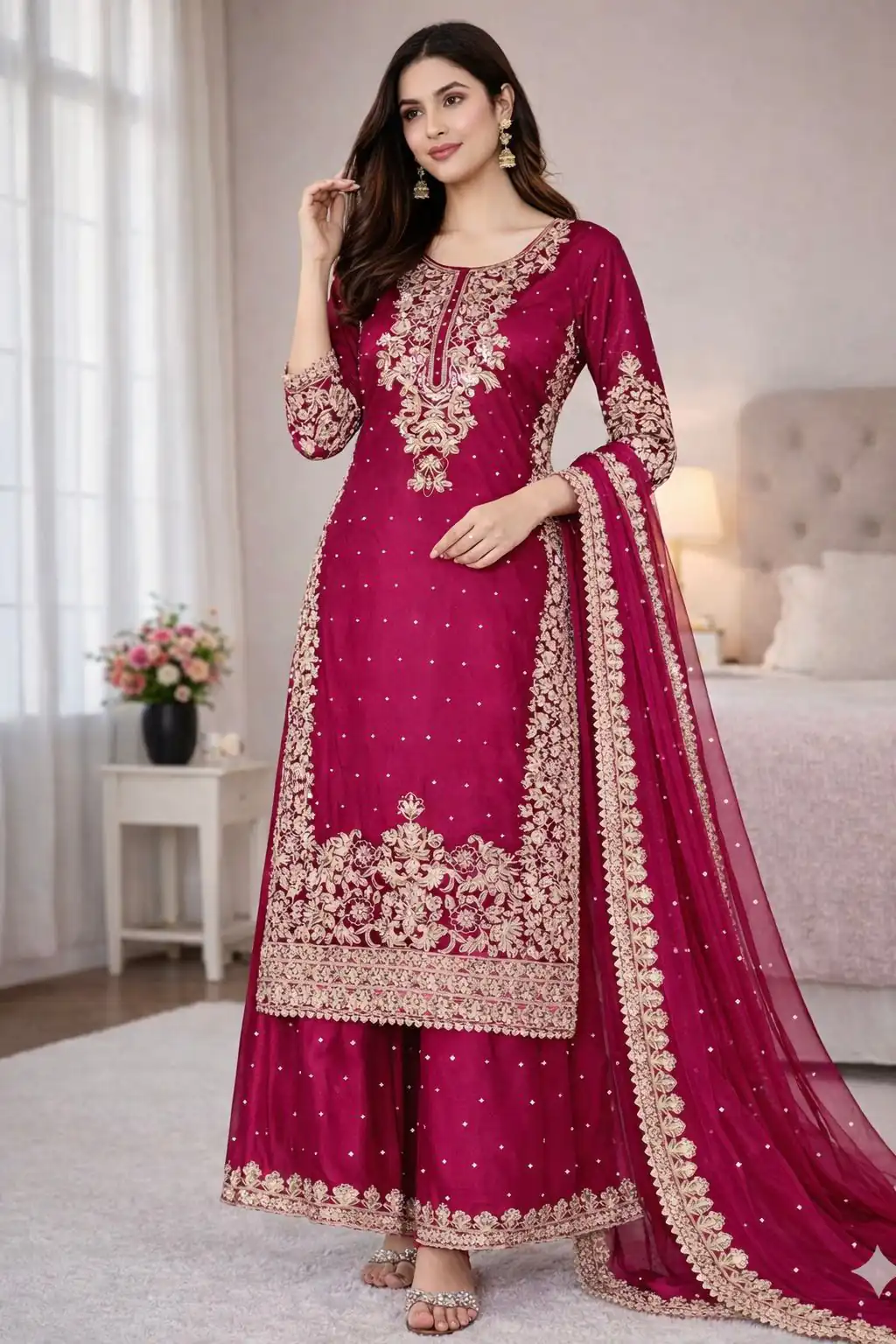 Pink Organza Silk Embroidery Work Salwar Suit