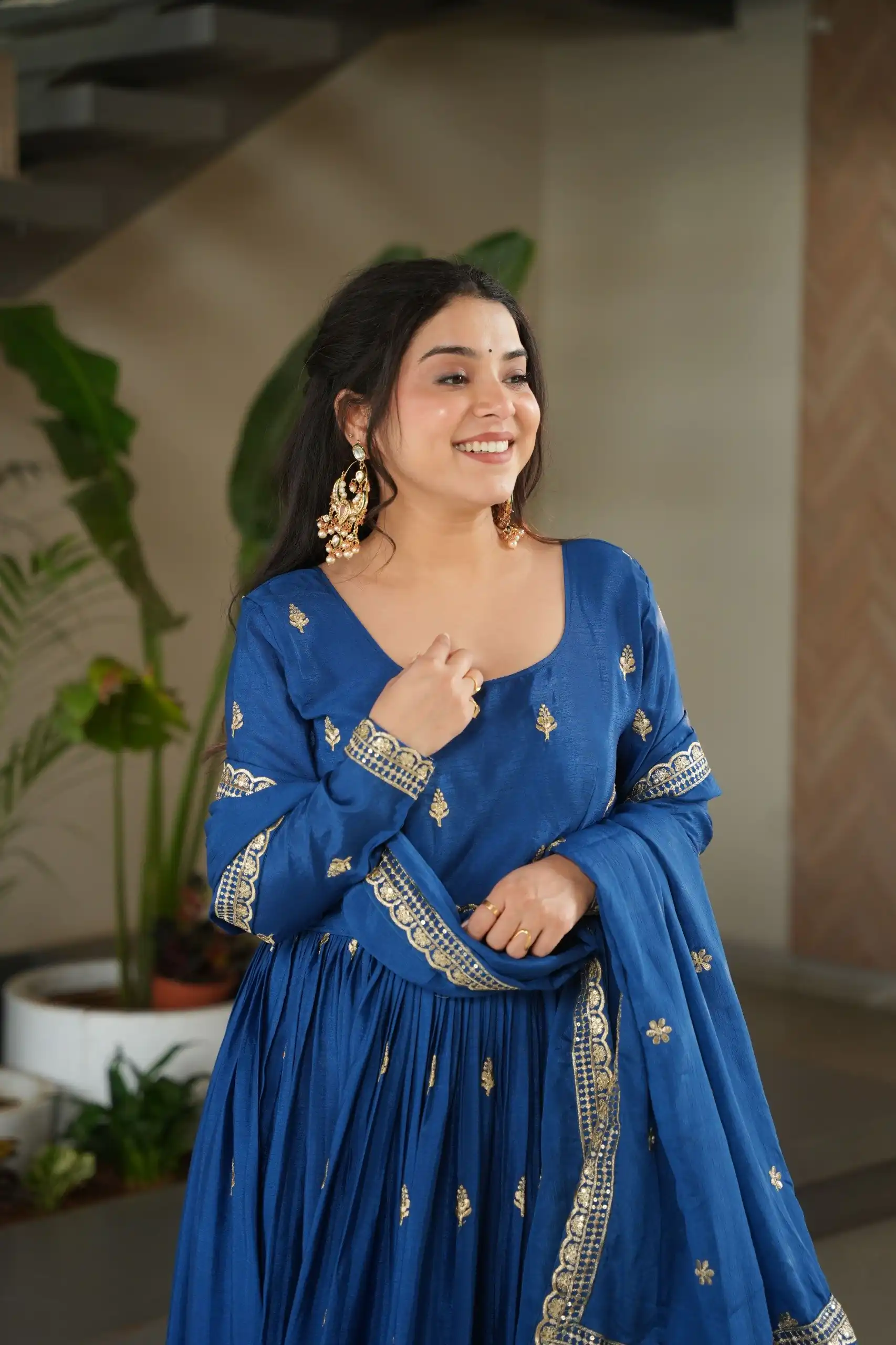 Blue Chinon Zari Embroidery Work Gown - Image 2