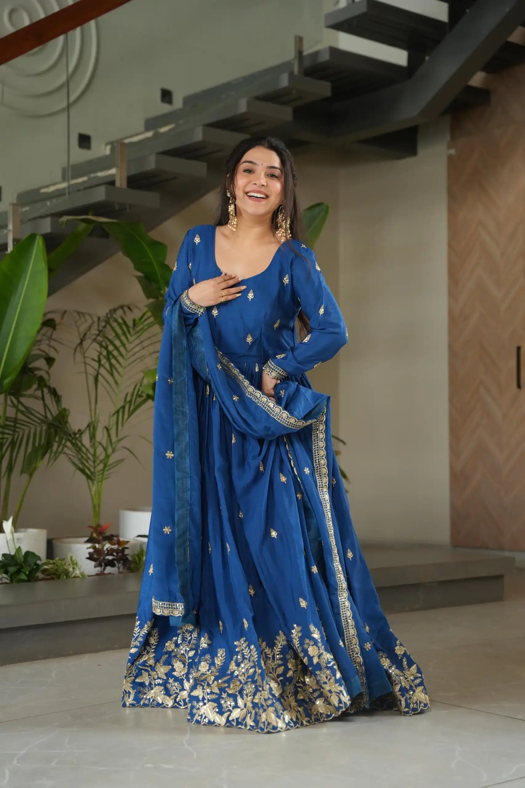 Blue Chinon Zari Embroidery Work Gown - Image 3