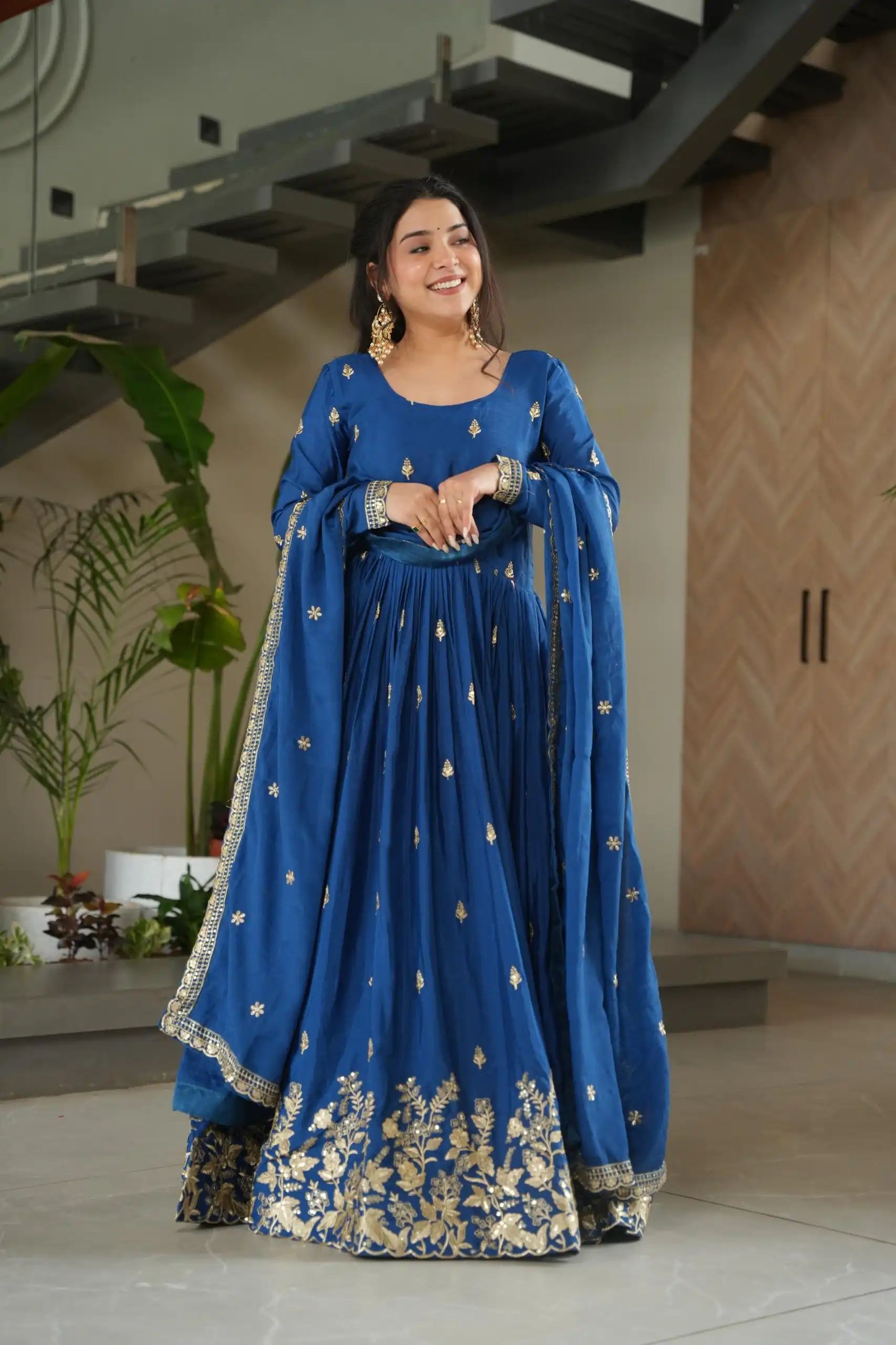 Blue Chinon Zari Embroidery Work Gown - Image 5