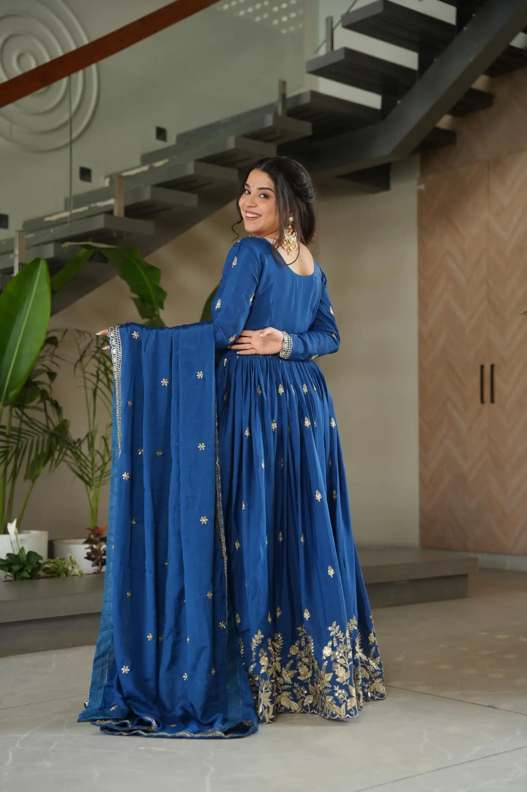 Blue Chinon Zari Embroidery Work Gown - Image 6