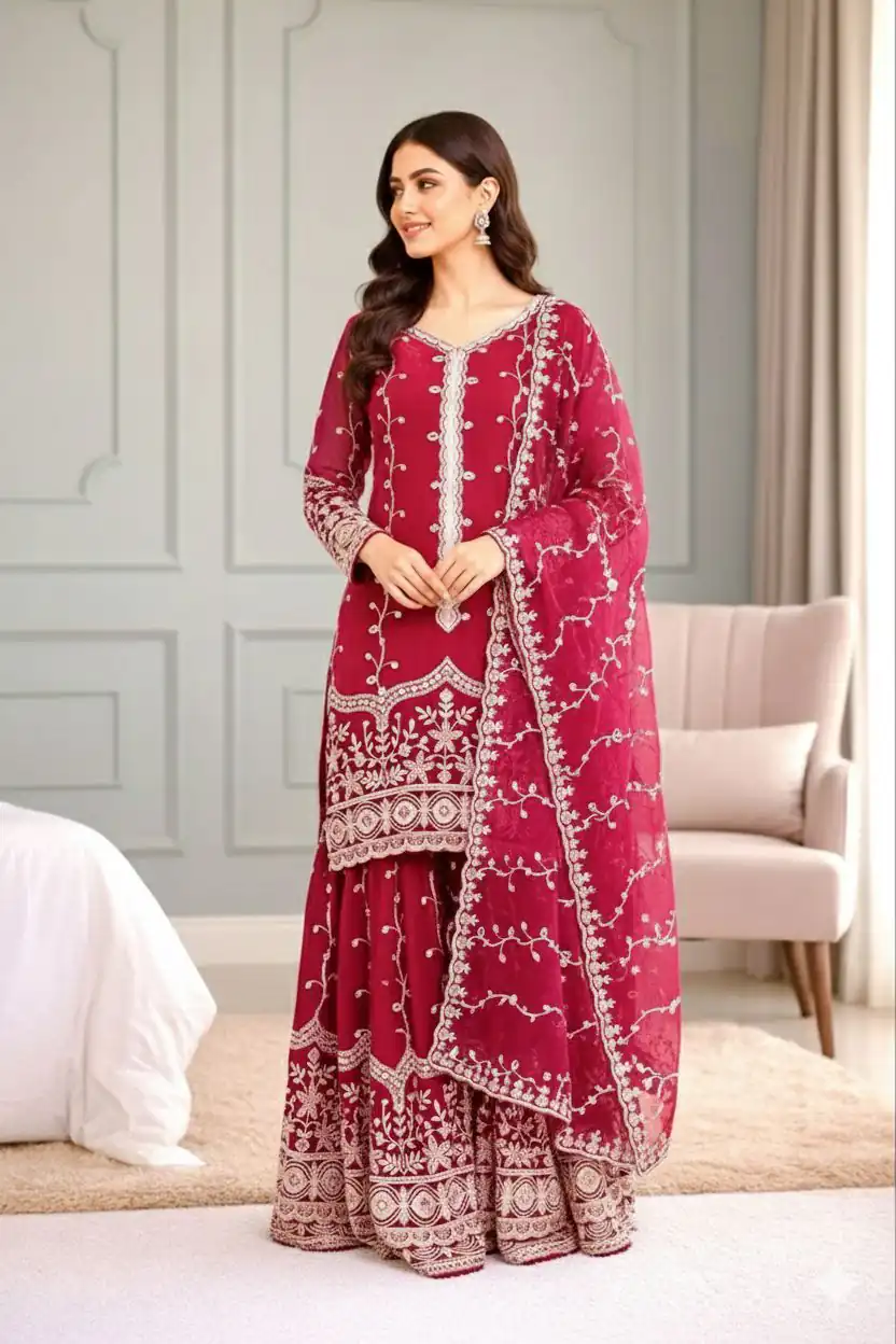 Red Fendy Silk Embroidery Work Salwar Suit - Image 2