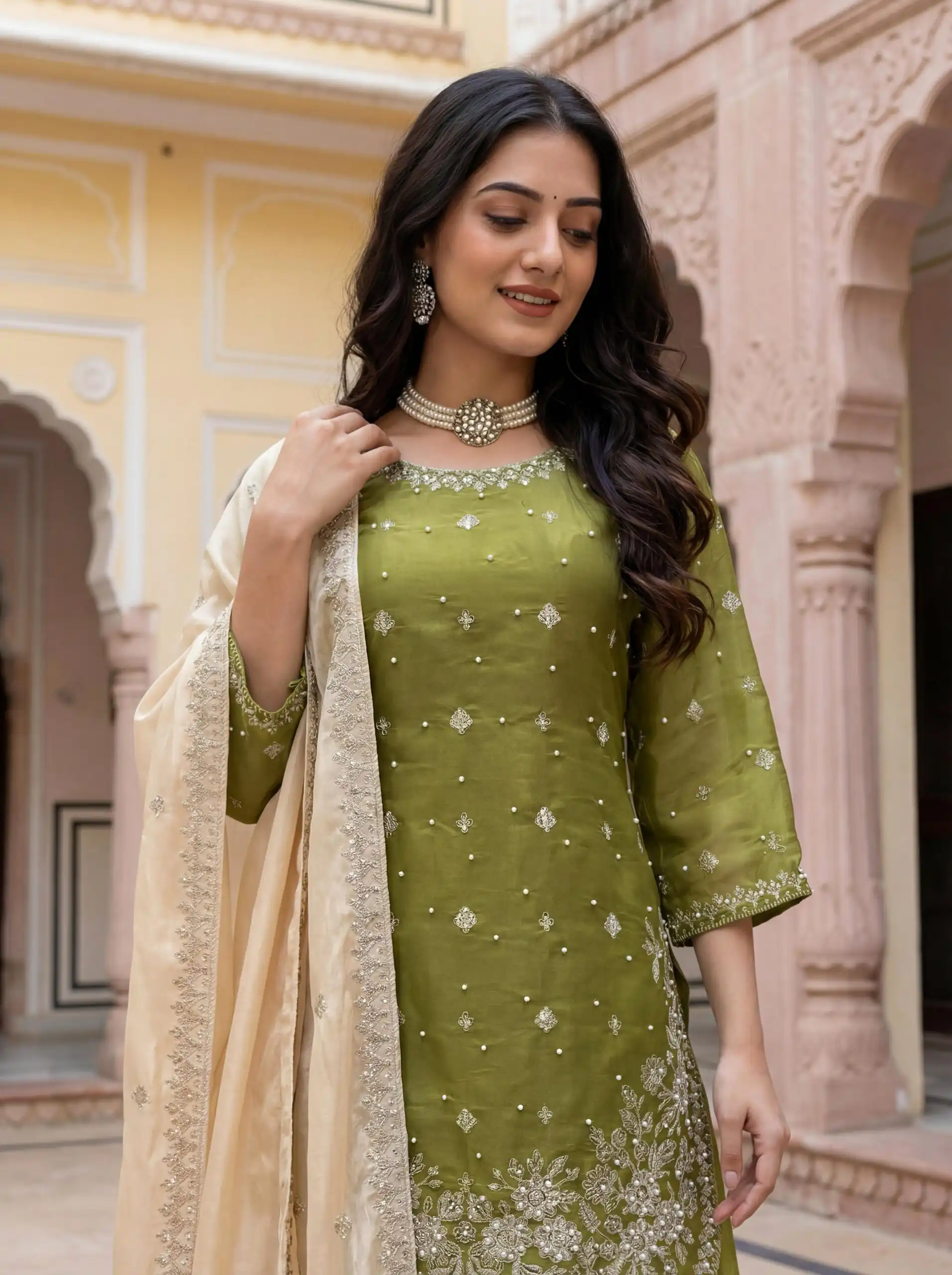 Mahendi Organza Silk Thread Work Salwar Suit - Image 4