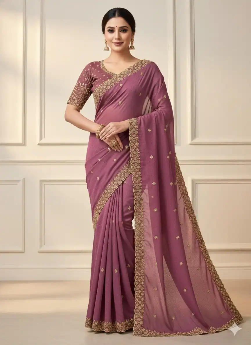 Onion Star Georgette Embroidery Work Saree