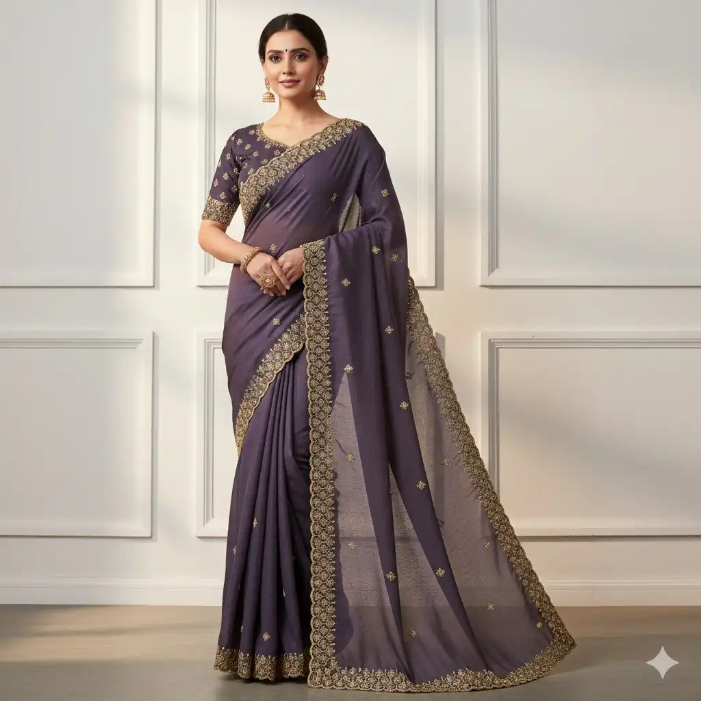 Purple Star Georgette Embroidery Work Saree - Image 2