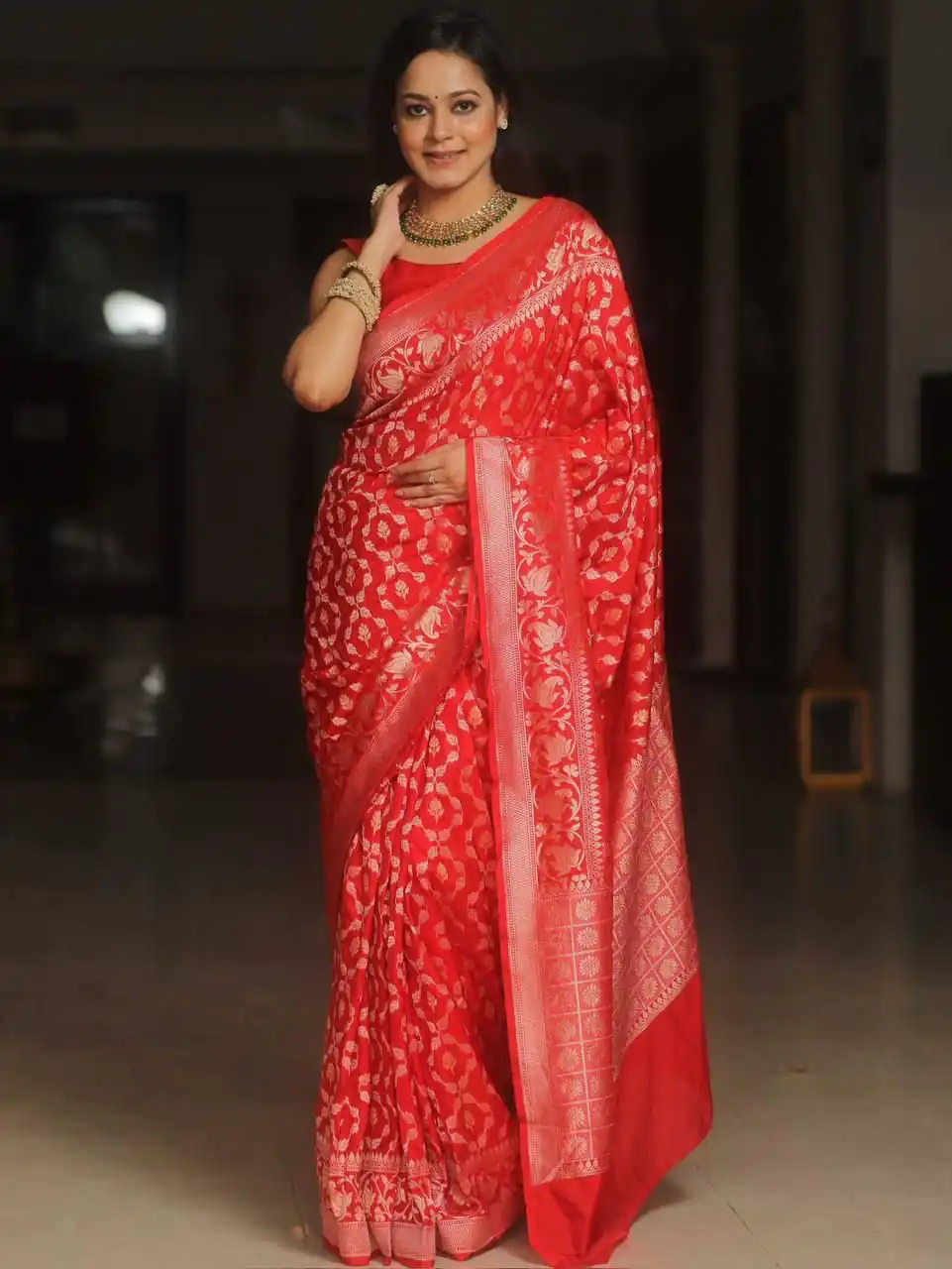 Red Lichi Silk Jacquard Border Work Saree