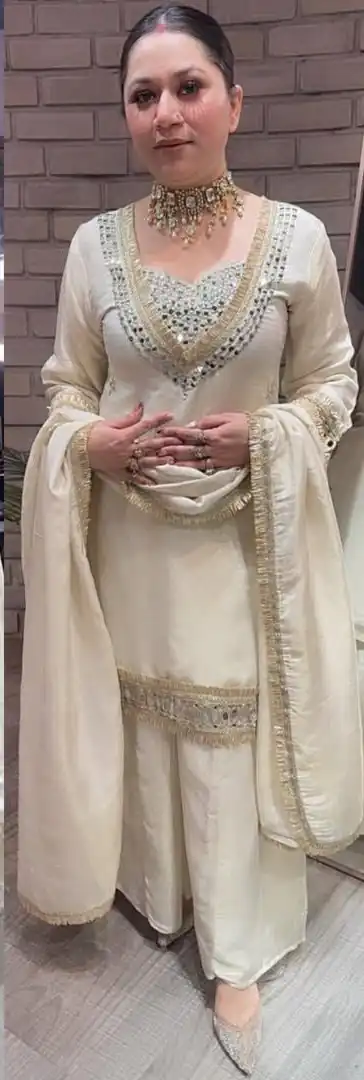 Off White Cosmos Embroidery Mirror Work Salwar Suit - Image 3