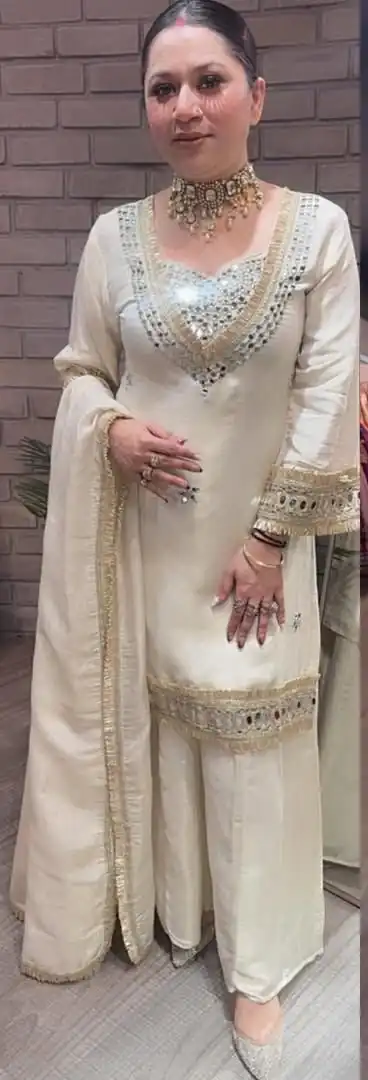 Off White Cosmos Embroidery Mirror Work Salwar Suit