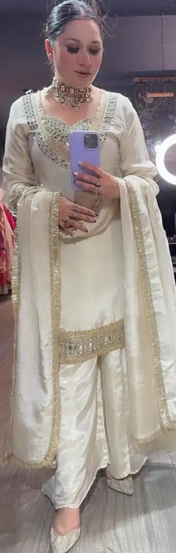 Off White Cosmos Embroidery Mirror Work Salwar Suit - Image 2