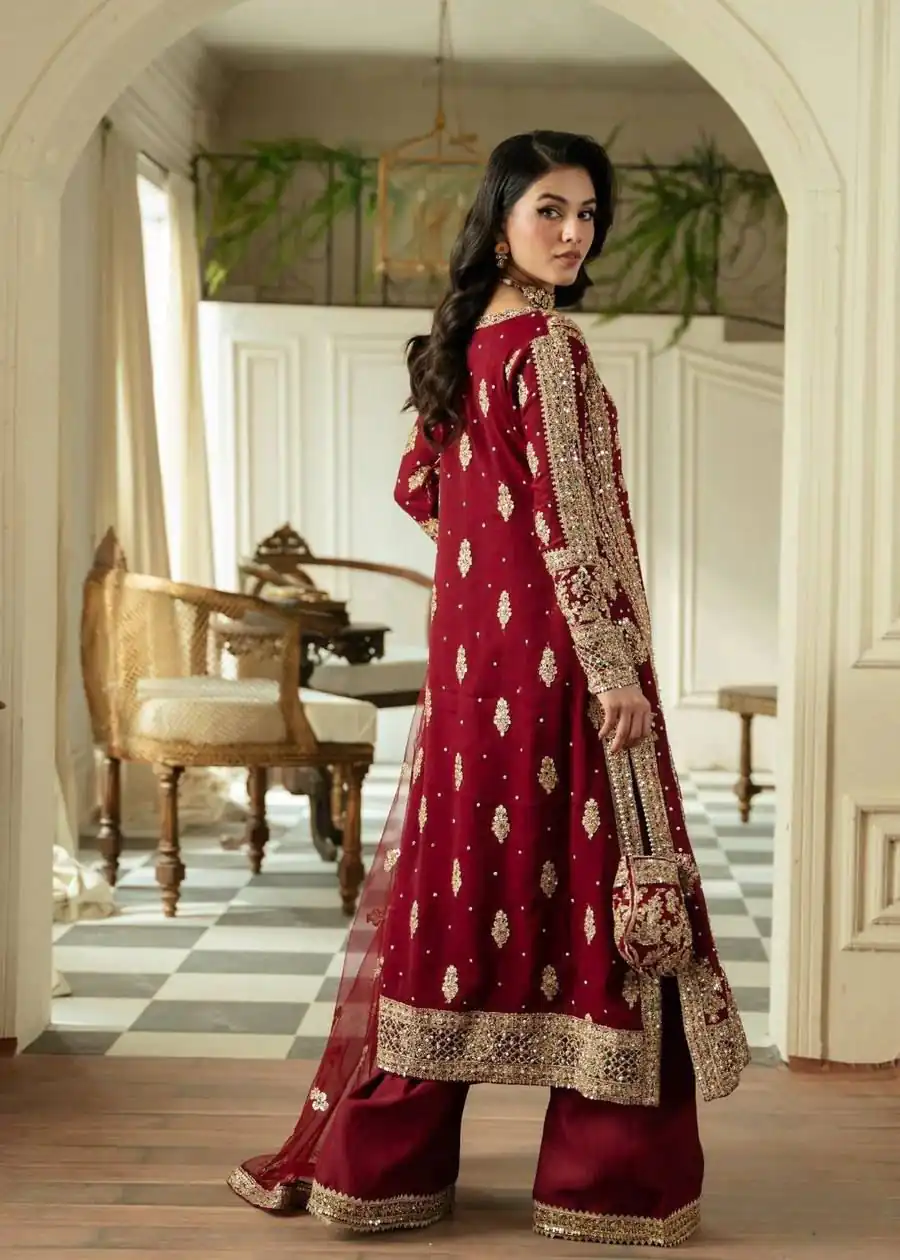 Maroon Faux Sequence Pearl Work Georgette Salwar Suit - Image 3