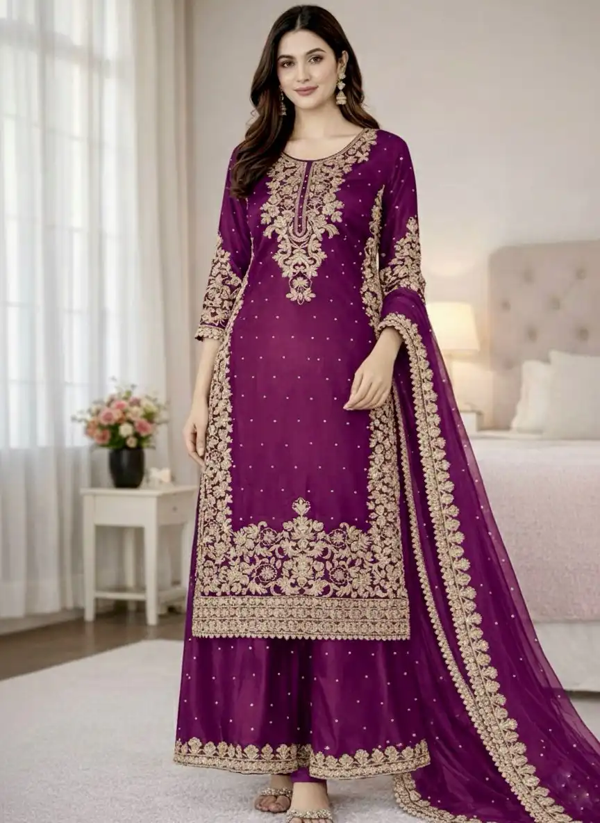 Wine Organza Silk Embroidery Work Salwar Suit