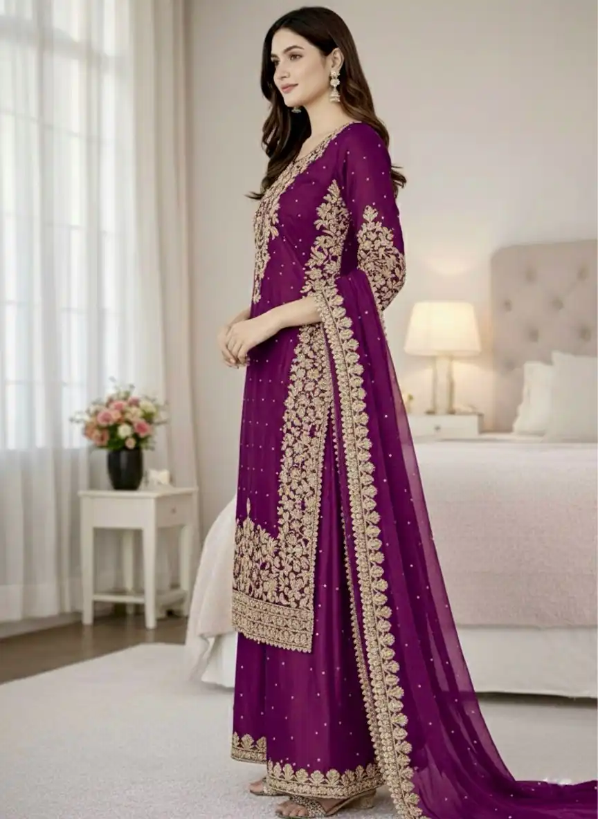 Wine Organza Silk Embroidery Work Salwar Suit - Image 4