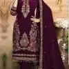 Wine Velvet Embroidery Lace Work Salwar Suit