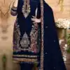 Navy Blue Velvet Embroidery Lace Work Salwar Suit