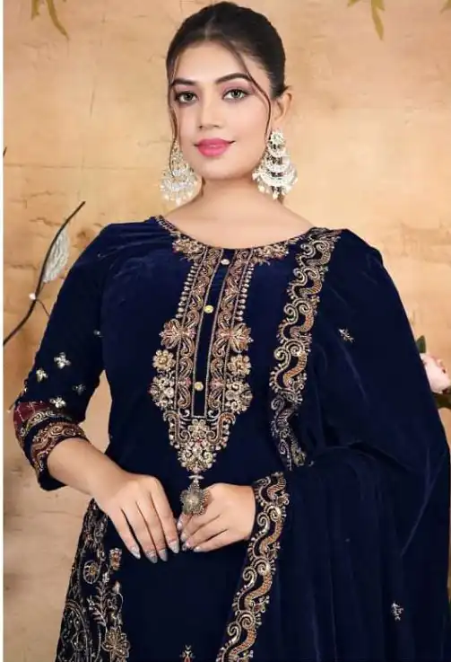 Navy Blue Velvet Embroidery Lace Work Salwar Suit - Image 2