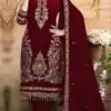 Maroon Velvet Embroidery Lace Work Salwar Suit