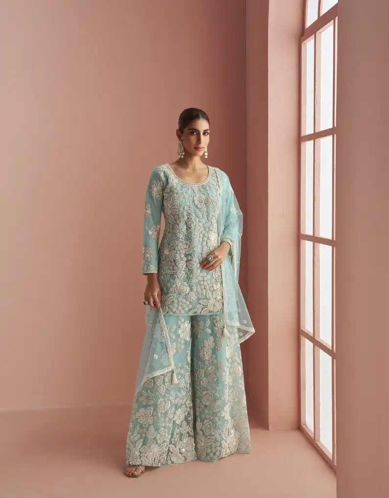 Sky Blue Heavy Net Sequence Work Salwar Suit