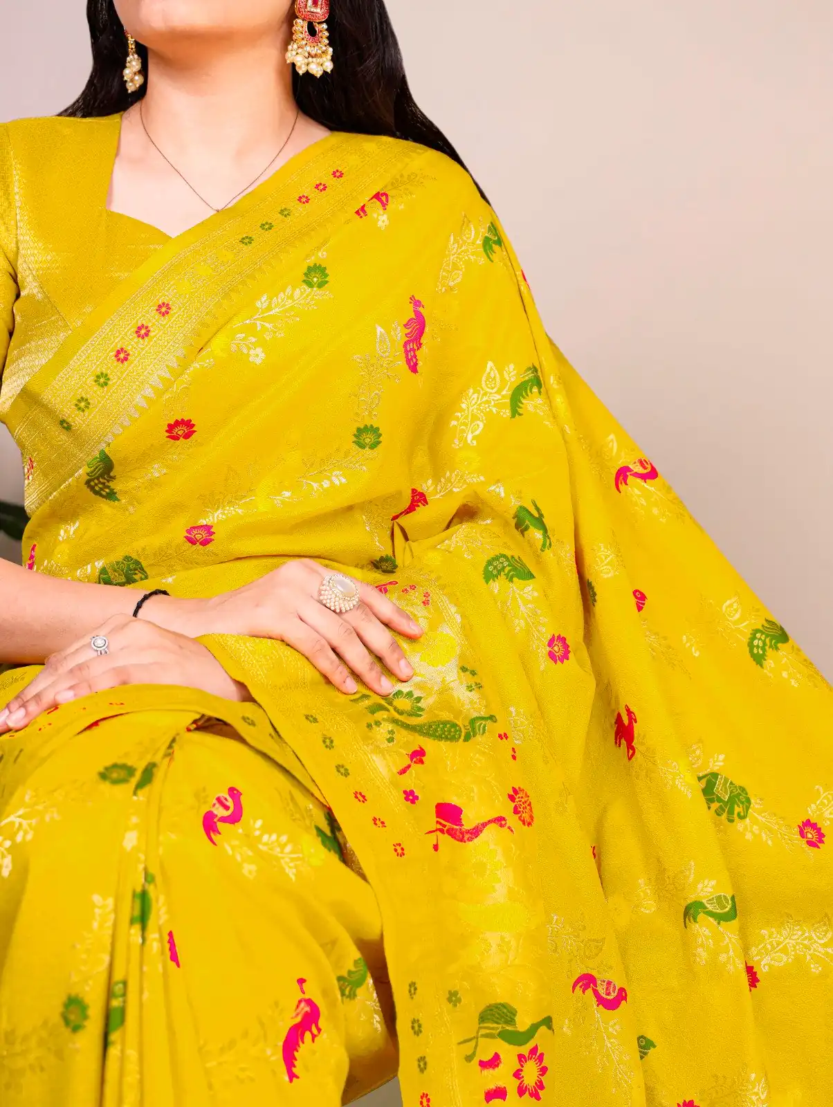 Lemon Yellow Nylon Weaving Work Saree - Image 2