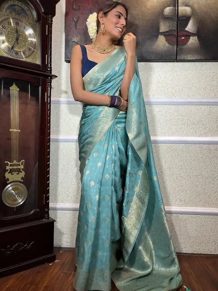 Sky Blue Soft Lichi Silk Border Jacquard Work Saree