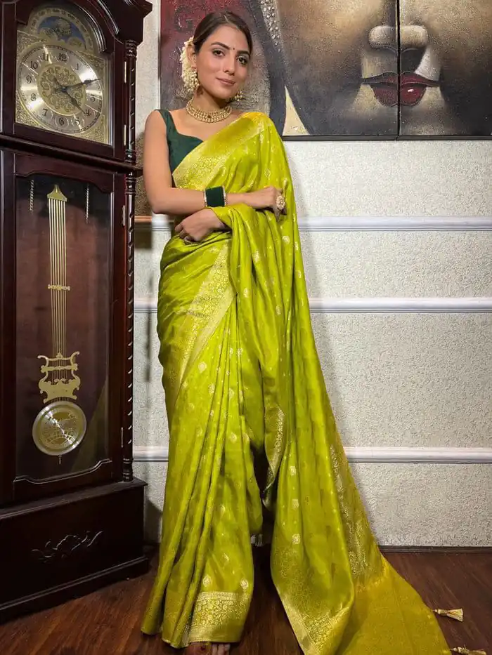 Lime Yellow Soft Lichi Silk Border Jacquard Work Saree