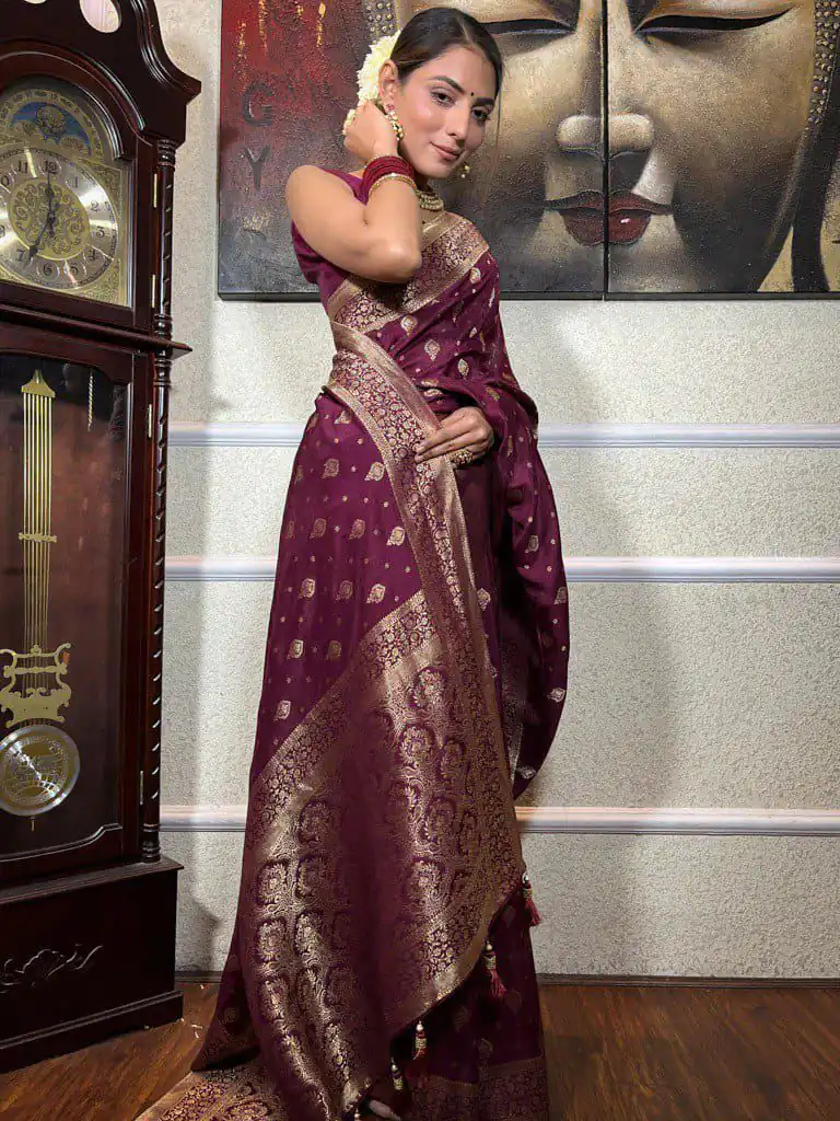 Wine Soft Lichi Silk Border Jacquard Work Saree