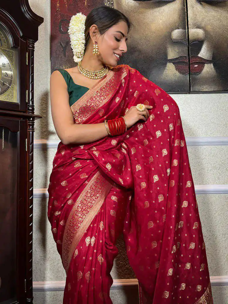 Red Soft Lichi Silk Border Jacquard Work Saree - Image 2